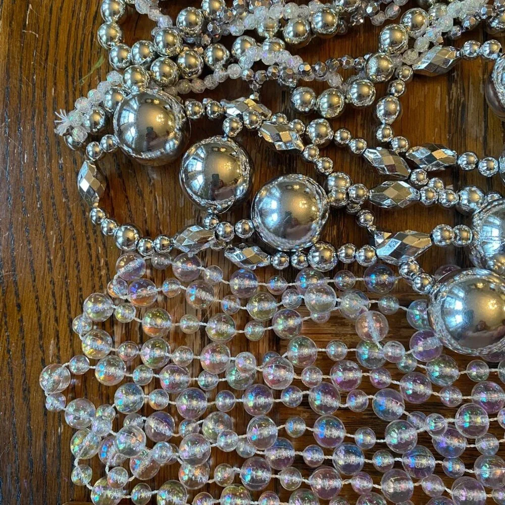 Vintage Silver & Clear Beaded Christmas Tree Garland 3 Strands 9 & 12 Ft Holiday